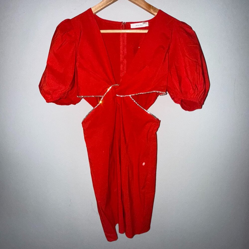 idem ditto Red with Rhinestones Trim Puffy Sleeve V-Neck Short Mini Dress Small
